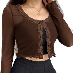 Women brown Mesh Cardigan T-Shirt Long Sleeve Button Down Lace Crop Top
